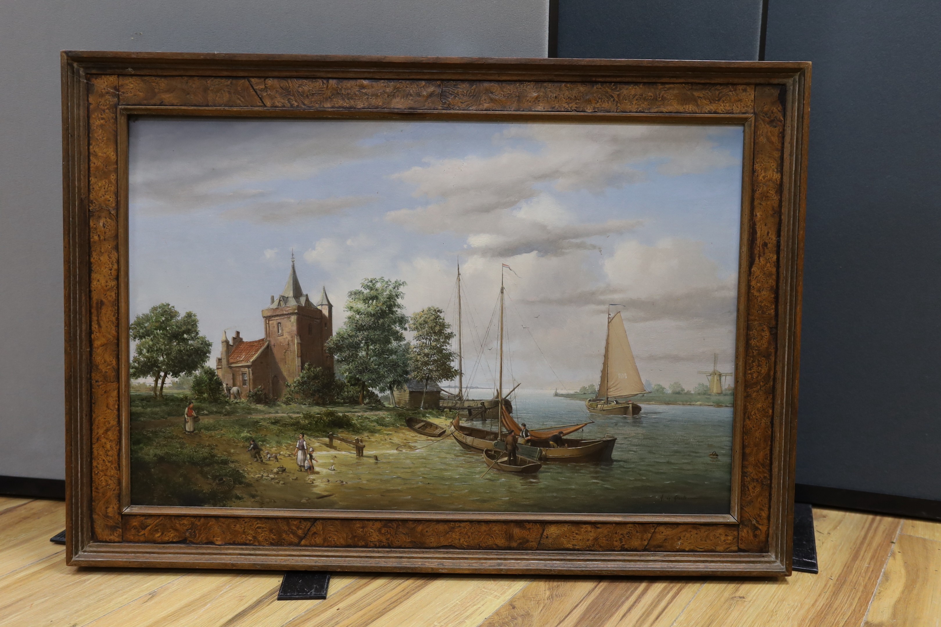 A. de Groote (1892-1947), oil on panel, Dutch estuary scene, signed, 42 x 66cm